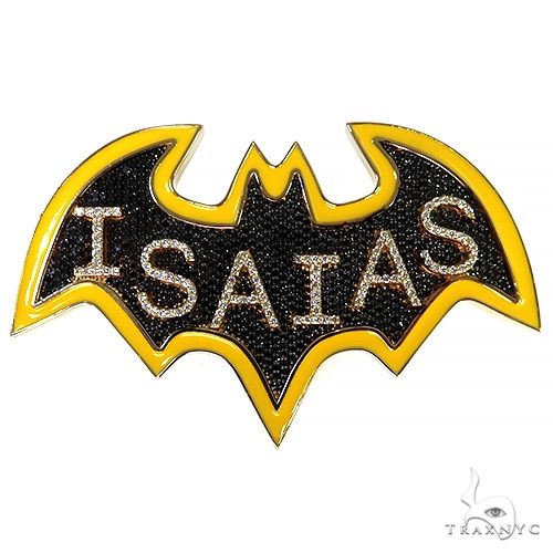 Custom batman logo name pendant in 14k yellow gold with diamond accents – front view