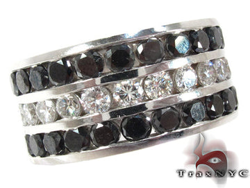 Men's 18K white gold ring with three channel-set rows of black and white diamonds