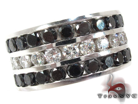 Men's 18K white gold ring with three channel-set rows of black and white diamonds