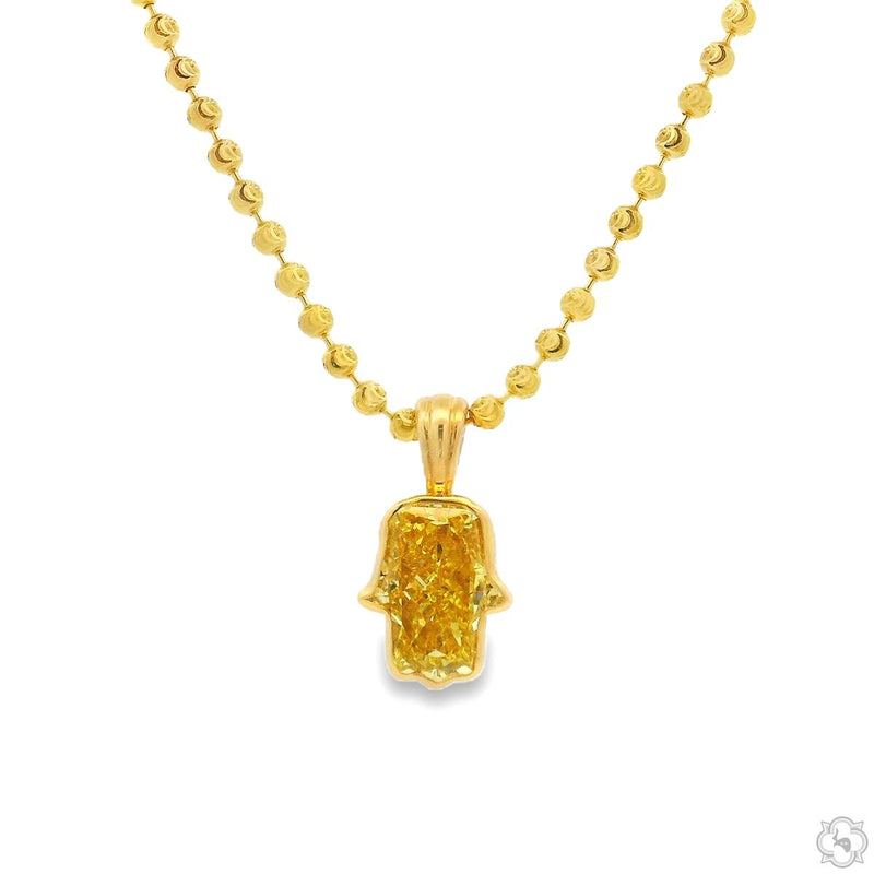 Yellow gold diamond-studded Hamsa pendant on a textured gold chain necklace