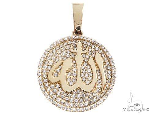 Custom diamond Allah Islam pendant in 14k yellow gold – round-cut diamond script face, front view