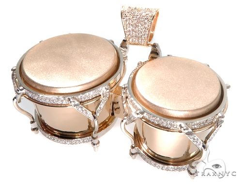 Custom diamond bongo drums pendant in 14k yellow gold with pavé-set diamonds across drum surfaces, front angle