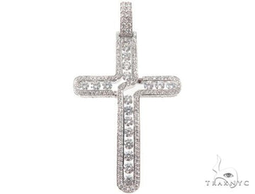 Men's diamond cross pendant in 14k white gold – prong-set Russian round cut stones, front view