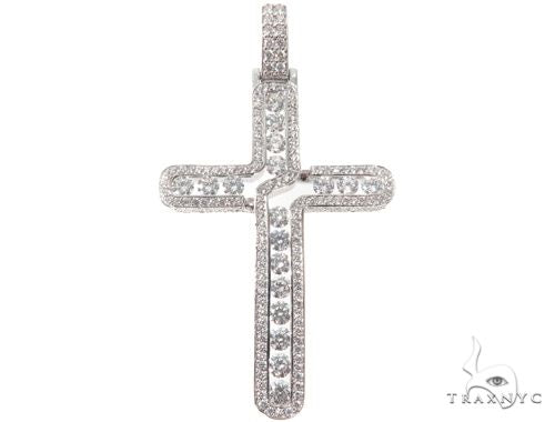 Men's diamond cross pendant in 14k white gold – prong-set Russian round cut stones, front view