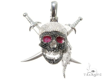 White gold skull pendant with diamonds, ruby eyes, and crossed swords detail.