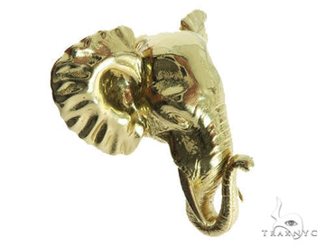 Custom mens elephant ring in 14k yellow gold – detailed sculptural figure, three-quarter angle view