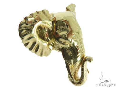 Custom mens elephant ring in 14k yellow gold – detailed sculptural figure, three-quarter angle view