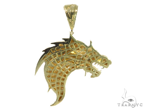 Yellow gold pendant shaped like a fierce firewolf head with sharp detailing and polished finish.