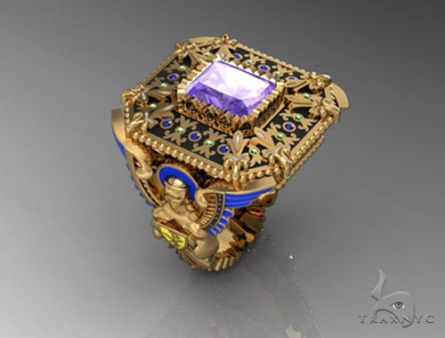 Gold men's ring with large square emerald and small multicolored gemstones in ornate setting