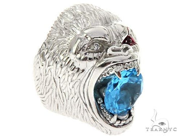 Custom men's diamond gorilla pinky ring in 14k white gold – front-facing sculptural figure view
