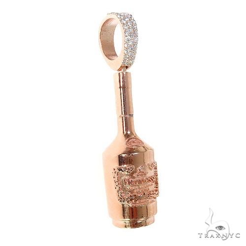 Rose gold pendant shaped like a detailed Hennessy bottle with diamond-studded bail