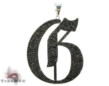Black diamond initial G pendant in 10k white gold – pave-set black diamonds covering letter form, front view