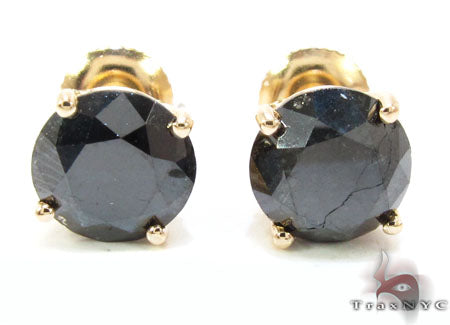 Yellow gold studs with round black diamonds, classic elegant men's and women's earrings