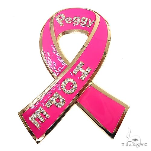 14K gold breast cancer ribbon pendant with prong-set round diamonds, front view