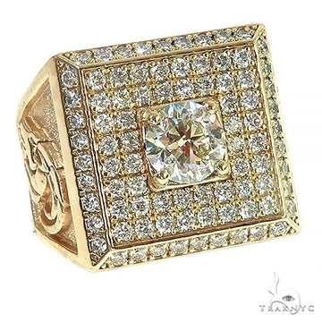 14K yellow gold men's diamond ring with square cluster and intricate side detailing.