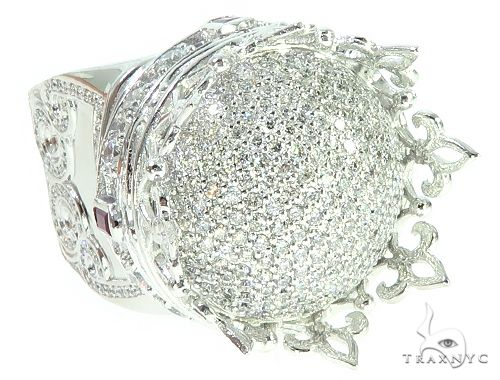 14K white gold men's ring with prong-set diamonds and intricate royal crown design