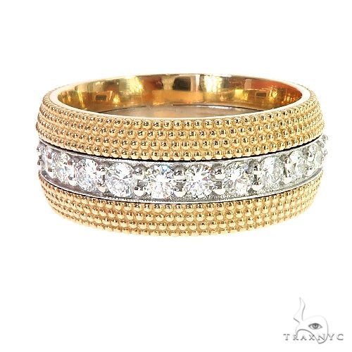 Two-tone gold wide wedding band with a row of clear round diamonds and textured edges