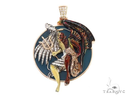 Custom diamond angel and demon pendant – dual-figure sculptural design with full diamond setting, front view