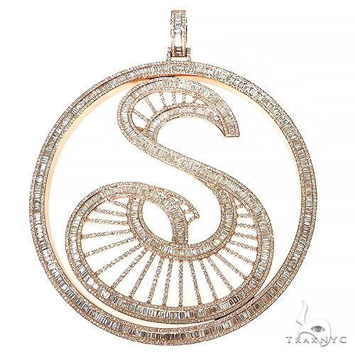 Rose gold baguette diamond initial S pendant with intricate radiant design