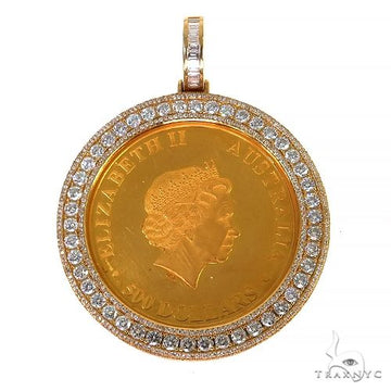 Custom baguette diamond coin frame pendant in 18k yellow gold – front view showing diamond-set bezel around 2 oz gold coin
