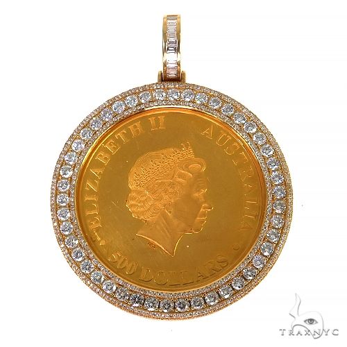 Custom baguette diamond coin frame pendant in 18k yellow gold – front view showing diamond-set bezel around 2 oz gold coin