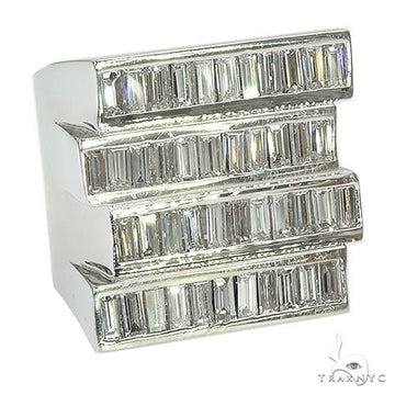 White gold men's ring with custom baguette diamond rows in a staggered design.