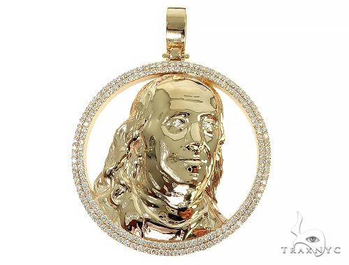Custom Benjamin Franklin diamond portrait pendant in 14k yellow gold, front-facing view showing full diamond coverage