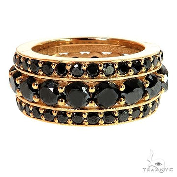 Rose gold custom ring set with black diamonds in three rows, men's and women's style.