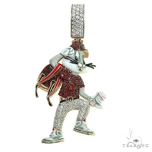 Custom diamond pendant shaped like Bugs Bunny, set with round cut diamonds — front-facing detail view