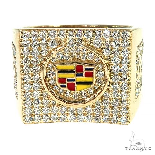 Custom men's diamond ring with round cut stones set across a bold face — front angle