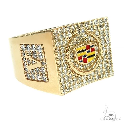 Yellow gold men's ring with Cadillac emblem and pave diamond accents on square face