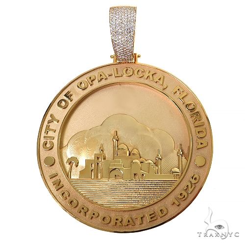 Custom City of Opa-Locka Florida pendant with round cut diamond pave detailing, front-facing view