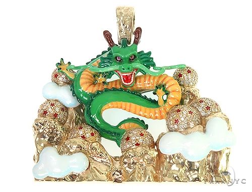 Custom Shenron dragon pendant in 14k yellow gold with round-cut diamonds and seven dragonball accents