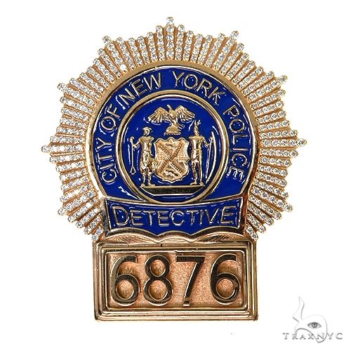 Custom detective badge diamond pendant in 14k yellow gold – round-cut diamonds set across shield face, front view