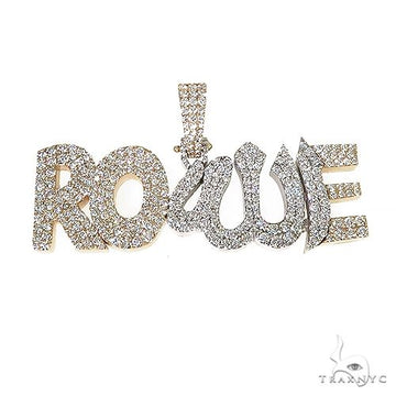 Custom diamond Allah symbol name pendant in gold – round-cut diamonds set across lettering and religious motif, front view