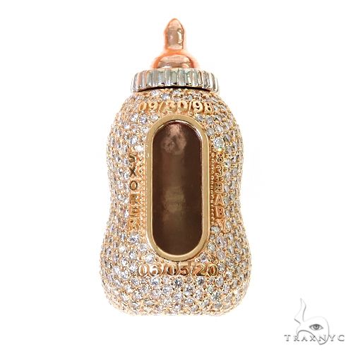 Custom diamond baby bottle pendant in gold with round-cut diamond pavé coverage, front-facing view