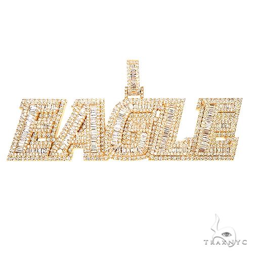 Custom baguette diamond name pendant in white gold – front view showing baguette-set lettering, angled shot