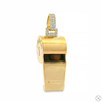 Yellow gold coach whistle pendant with diamond-encrusted bail and smooth polished finish.