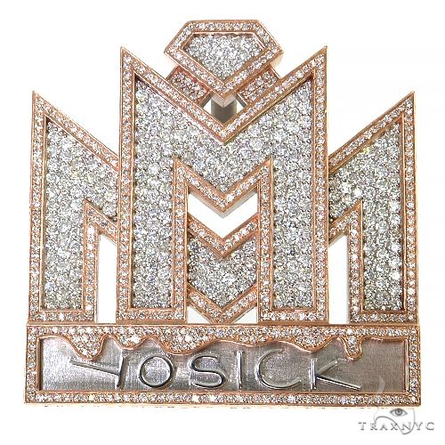 Custom diamond logo pendant in yellow gold – front-facing view showing full diamond coverage and custom design detail