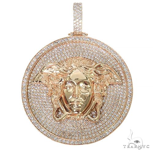 Custom diamond Medusa pendant in white and yellow gold – face motif with pavé diamond setting, front view