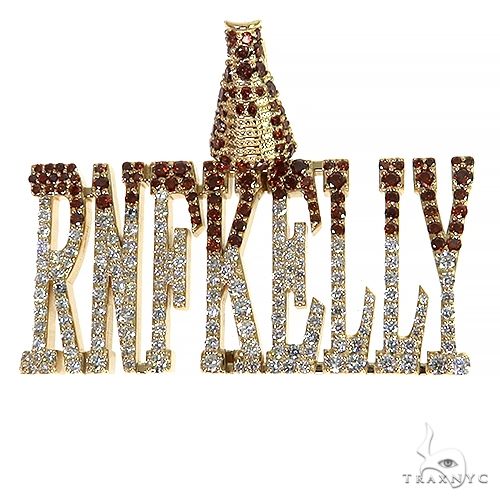 Custom diamond name pendant in 14k yellow gold with round cut diamonds set across each letter, front view