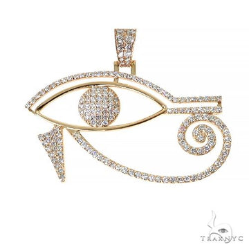Custom diamond Eye of Horus pendant in yellow gold – front-facing view showing Egyptian eye motif with round diamond pave