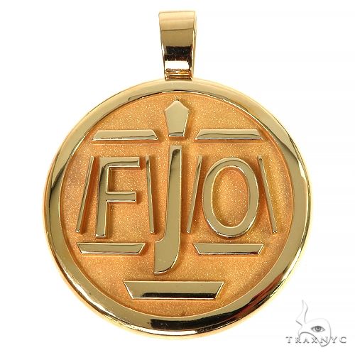 Custom FJO logo pendant in 14k yellow and rose gold with diamond-set lettering, front view