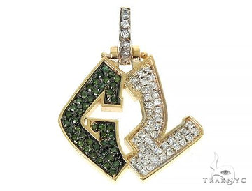 Yellow gold 'GL' pendant with white and green diamond initials and diamond bail.