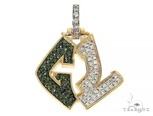 Yellow gold 'GL' pendant with white and green diamond initials and diamond bail