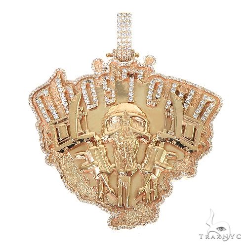 Custom ghost town diamond pendant in gold – front-facing view showing round-cut diamond encrusted architectural detailing