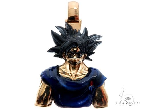 Custom solid gold Goku anime character pendant – front-facing sculptural relief view