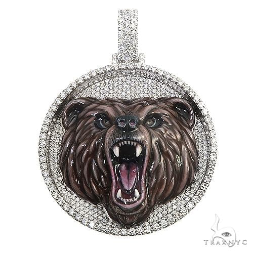 Custom grizzly bear diamond pendant in gold – full figure sculpt with round diamond detailing, front view