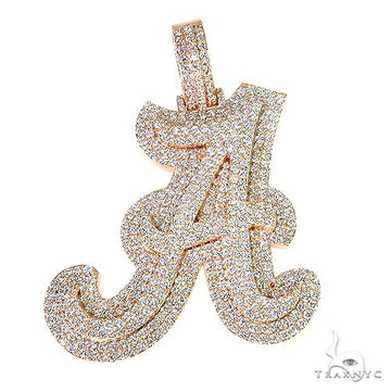 Rose gold initial A pendant encrusted with small sparkling diamonds, intricate design.