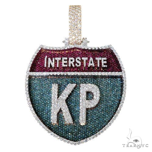 Custom diamond KP letter pendant in gold with round-cut diamond pave setting, front view